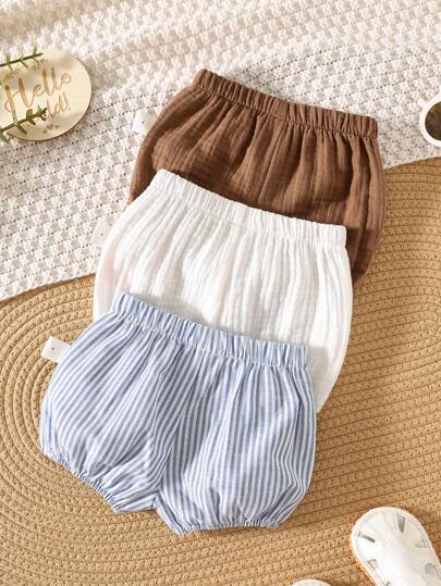 3 pièces/Set Short d'été décontracté polyvalent pour bébé garçon/fille nouveau-né, avec motif rayé et couleur unie, taille élastique, legging et sous-vêtements, ensemble 3 pièces