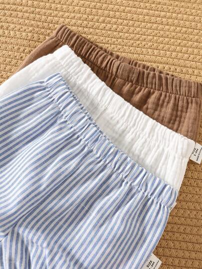 3 pièces/Set Short d'été décontracté polyvalent pour bébé garçon/fille nouveau-né, avec motif rayé et couleur unie, taille élastique, legging et sous-vêtements, ensemble 3 pièces
