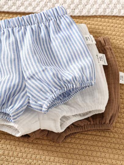 3 pièces/Set Short d'été décontracté polyvalent pour bébé garçon/fille nouveau-né, avec motif rayé et couleur unie, taille élastique, legging et sous-vêtements, ensemble 3 pièces
