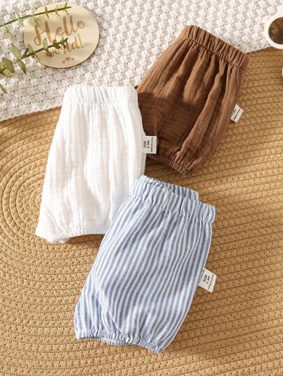 3 pièces/Set Short d'été décontracté polyvalent pour bébé garçon/fille nouveau-né, avec motif rayé et couleur unie, taille élastique, legging et sous-vêtements, ensemble 3 pièces