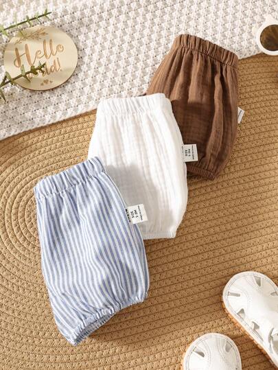 3 pièces/Set Short d'été décontracté polyvalent pour bébé garçon/fille nouveau-né, avec motif rayé et couleur unie, taille élastique, legging et sous-vêtements, ensemble 3 pièces