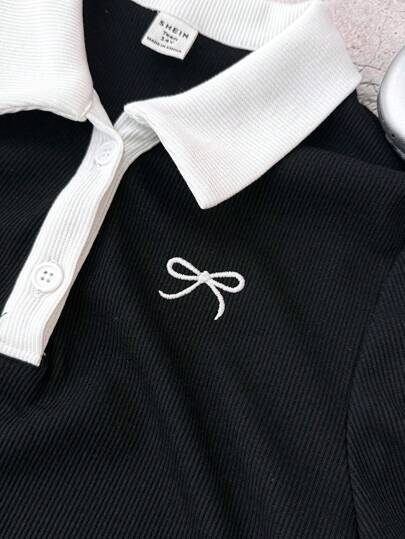 Robe personnalisée pour préadolescentes, col contrasté, tricot côtelé avec boutons, ajustée, noire et blanche, robes d'été, broderie papillon