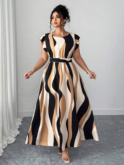 Elenzga Robe d'été décontractée mi-longue pour femmes grande taille, à col rond, manches courtes, à rayures ondulées, avec ceinture nouée, pour vacances