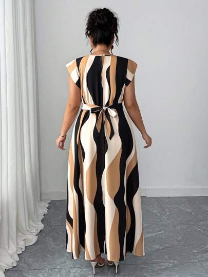 Elenzga Robe d'été décontractée mi-longue pour femmes grande taille, à col rond, manches courtes, à rayures ondulées, avec ceinture nouée, pour vacances