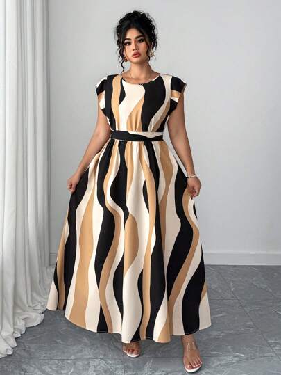 Elenzga Robe d'été décontractée mi-longue pour femmes grande taille, à col rond, manches courtes, à rayures ondulées, avec ceinture nouée, pour vacances