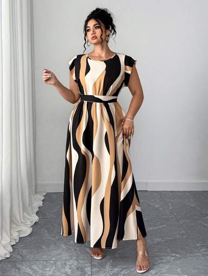 Elenzga Robe d'été décontractée mi-longue pour femmes grande taille, à col rond, manches courtes, à rayures ondulées, avec ceinture nouée, pour vacances