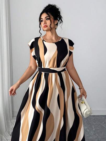 Elenzga Robe d'été décontractée mi-longue pour femmes grande taille, à col rond, manches courtes, à rayures ondulées, avec ceinture nouée, pour vacances