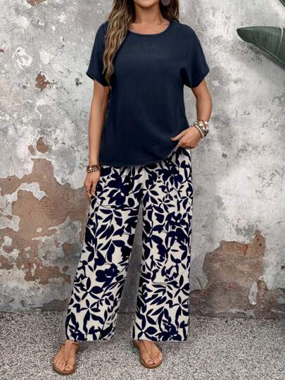 EMERY ROSE 2 pièces/Ensemble Vêtements pour femmes à motif floral ajusté Printemps/Été Automne,Décontracté
