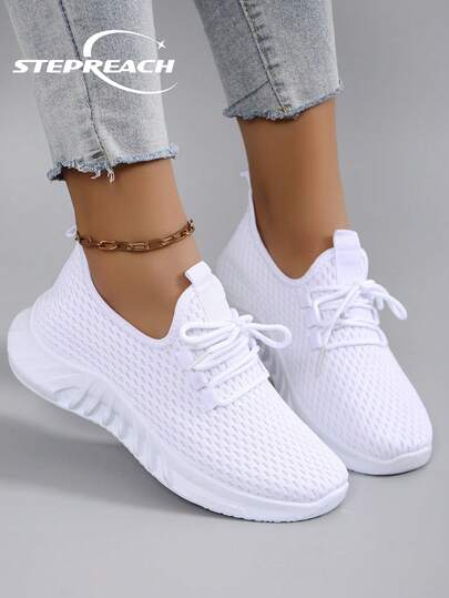 STEPREACH Chaussures de sport décontractées pour femmes en automne/hiver, en maille respirante, confortable et légère, avec lacets. Disponibles en couleurs unies/vives. Chaussures blanches polyvalentes pour femmes