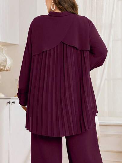 Graceveil Ensemble de chemise et pantalon de couleur unie avec ourlet plissé à l'arrière, tenue pour grande taille
