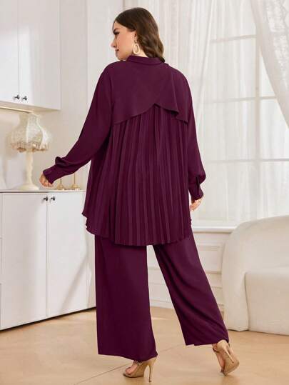 Graceveil Ensemble de chemise et pantalon de couleur unie avec ourlet plissé à l'arrière, tenue pour grande taille