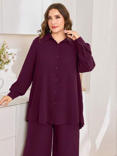 Graceveil Ensemble de chemise et pantalon de couleur unie avec ourlet plissé à l'arrière, tenue pour grande taille
