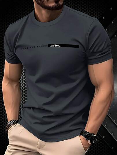 Manfinity Homme T-shirt à manches courtes col rond coupe slim avec imprimé lettres, t-shirts d'été pour hommes décontractés