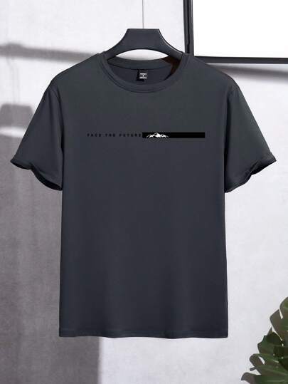 Manfinity Homme T-shirt à manches courtes col rond coupe slim avec imprimé lettres, t-shirts d'été pour hommes décontractés