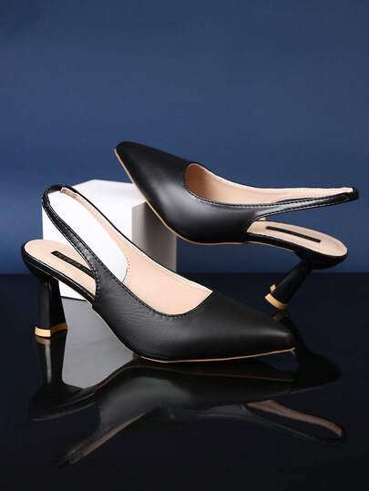 1 paire de talons hauts noirs, tissu PU souple de couleur unie, sangle élastique à l'arrière, design à enfiler, bout pointu, talon aiguille, sandales à talons hauts élégantes et à la mode pour femmes, convient pour le quotidien décontracté, les voyages, l