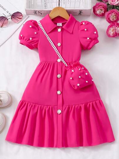 Robe cardigan à manches bouffantes avec col et sac à main mini, couleur unie, été