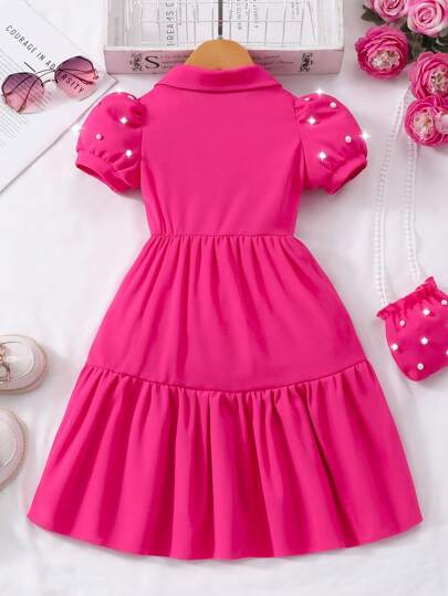 Robe cardigan à manches bouffantes avec col et sac à main mini, couleur unie, été