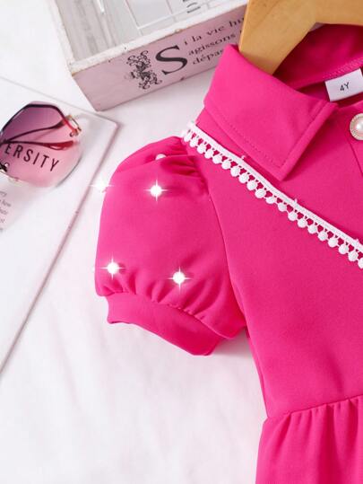 Robe cardigan à manches bouffantes avec col et sac à main mini, couleur unie, été
