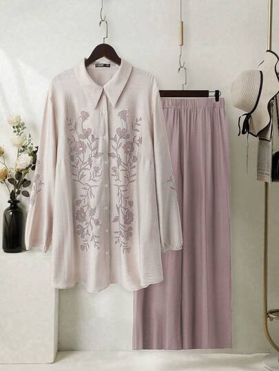 Mulvari 2 pièces Ensemble chemise à manches longues et pantalon imprimé floral grande taille, vacances