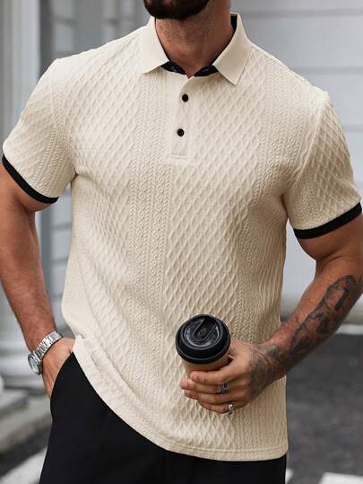 Manfinity CasualCool Chemise polo à manches courtes en tricot jacquard à texture de diamant géométrique noir et beige, style décontracté de vacances pour hommes, inspirée de l'été INS, plage de Hawaï, bal de promo