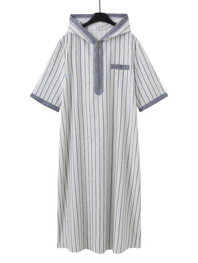 Robe islamique ample à manches courtes rayée avec capuche pour hommes musulmans, convient pour les festivals, style décontracté et moderne, abaya pour hommes