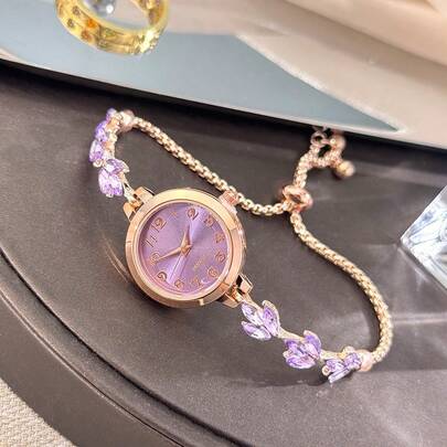 1 pièce Montre quartz élégante pour femme, boîtier rond en métal, cadran classique avec chiffres arabes, forme de feuille, strass, bracelet mode