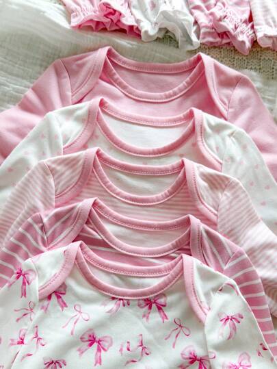 Ensemble de 5 pièces pour bébé fille nouveau-né : combinaison en tricot à rayures et motifs étoiles roses polyvalente, pantalon et gants