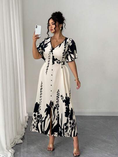Elenzga Robe maxi élégante et décontractée pour femme grande taille, col en V, boutons devant, taille cintrée, couleurs contrastées