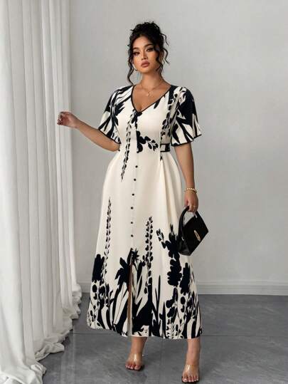Elenzga Robe maxi élégante et décontractée pour femme grande taille, col en V, boutons devant, taille cintrée, couleurs contrastées
