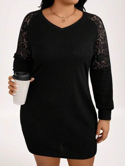 LUNE Robe patchwork en dentelle côtelée pour femmes grandes tailles, tenue d'automne pour femmes
