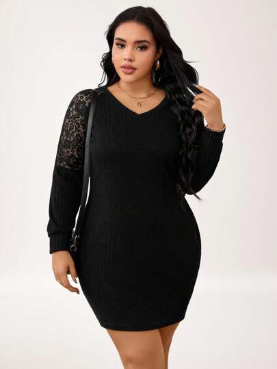 LUNE Robe patchwork en dentelle côtelée pour femmes grandes tailles, tenue d'automne pour femmes