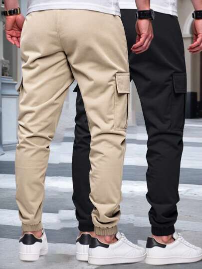 Manfinity Homme 2 pièces Pantalon cargo décontracté pour hommes avec cordon de serrage à la taille, pantalons cargo de jogging pour hommes, vêtements d'automne