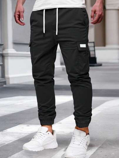 Manfinity Homme 2 pièces Pantalon cargo décontracté pour hommes avec cordon de serrage à la taille, pantalons cargo de jogging pour hommes, vêtements d'automne