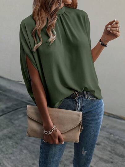 EMERY ROSE Blouse d'été pour femme avec col montant, plissée, manches chauve-souris