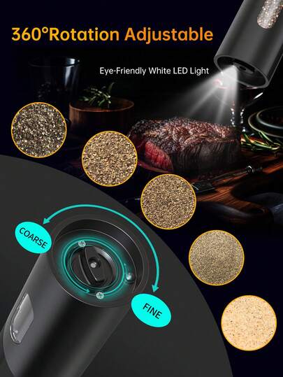 Ensemble de moulin à poivre et sel électrique rechargeable USB-C premium avec lumière LED, batterie lithium 300mAh, réglage de la finesse, outil de cuisine moderne pour le bureau, disponible en unité seule ou ensemble de rangement sur base