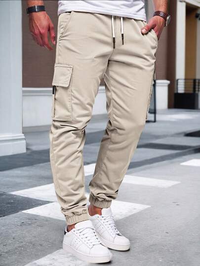 Manfinity Homme Pantalon cargo à taille élastique et cordon de serrage avec poches, jogging cargo, automne