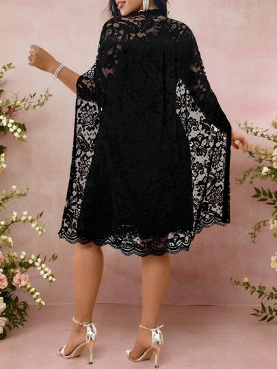 Allurite Robe longue fendue à manches longues et encolure ronde pour femmes grandes tailles, coupe ample, en dentelle. Tenue d'été pour femmes, robe de printemps élégante en dentelle, robe de mariée, robe romantique, robe pour invité de mariage, robe chic