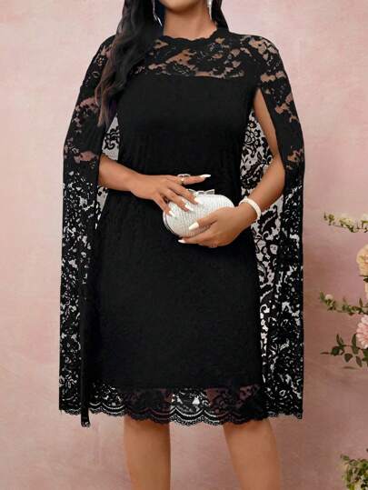 Allurite Robe longue fendue à manches longues et encolure ronde pour femmes grandes tailles, coupe ample, en dentelle. Tenue d'été pour femmes, robe de printemps élégante en dentelle, robe de mariée, robe romantique, robe pour invité de mariage, robe chic