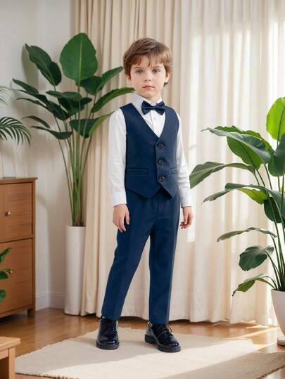 4 pièces Tenue de cérémonie printanière pour jeune garçon, chemise blanche, gilet de couleur unie, nœud papillon, pantalon coupe slim, convient pour les fêtes, les mariages, l'école. Costume formel pour garçons