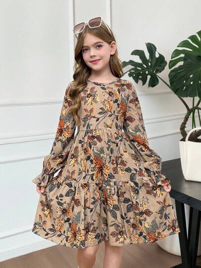 Robe à manches longues bouffantes avec col rond volant, imprimé floral, pour les préadolescentes. Tenue d'automne-hiver pour un usage quotidien