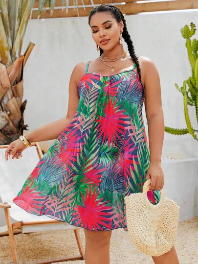 Swim Lushoire Robe d'été et cache-maillot en grande taille avec imprimé de plante tropicale