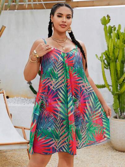 Swim Lushoire Robe d'été et cache-maillot en grande taille avec imprimé de plante tropicale
