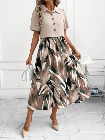 Clasi Ensemble élégant 2 pièces pour femmes, comprend une chemise grise à manches courtes d'été et une robe camisole à fleurs, tenues décontractées de vacances et de bureau pour femmes