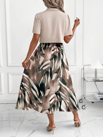 Clasi Ensemble élégant 2 pièces pour femmes, comprend une chemise grise à manches courtes d'été et une robe camisole à fleurs, tenues décontractées de vacances et de bureau pour femmes