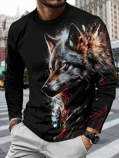Chemise à col rond à manches courtes imprimée de loup vif et confortable - Motif imprimé mode homme, convient pour les activités décontractées, de plein air et la tenue d'intérieur, automne