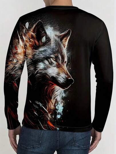 Chemise à col rond à manches courtes imprimée de loup vif et confortable - Motif imprimé mode homme, convient pour les activités décontractées, de plein air et la tenue d'intérieur, automne