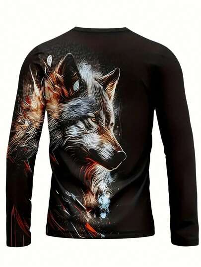 Chemise à col rond à manches courtes imprimée de loup vif et confortable - Motif imprimé mode homme, convient pour les activités décontractées, de plein air et la tenue d'intérieur, automne