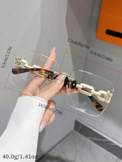 1 paire de lunettes de mode pour femmes, monture carrée sans cadre en métal, élégantes et rétro, verres unis, design de branche avec chaîne imprimé léopard, convient pour ordinateur/lecture/jeux/TV/téléphone, accessoire de lunettes à verres clairs