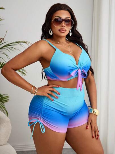 Slaydiva Ensemble de maillot de bain pour femmes grandes tailles comprenant un Top de tankini avec maintien, imprimé dégradé et attache au cou, ainsi qu'un bas de tankini avec taille carrée à cordon latéral