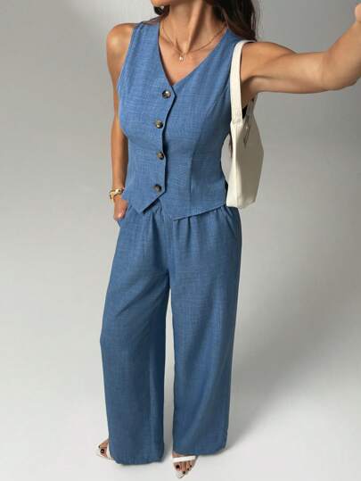 Tall Ensemble femme d'été décontracté couleur unie, top sans manches col V à simple boutonnage et pantalon long ample à jambes larges, pour femmes grandes